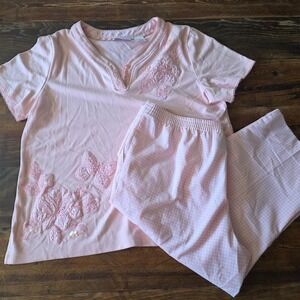 Alfred Dunner Pink capri Set Medium Embellished Top Gingham Pants butterfly‎